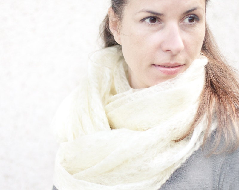 Cobweb Shawl Scarf Stole Natural Ivory White Cream Lace Felted Wool Luxury Wedding Bridal Fashion organic Eco-friendly