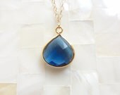 Faceted Sapphire Blue Quartz Vermeil Bezel Pendant on Gold Chain Necklace (N1463)