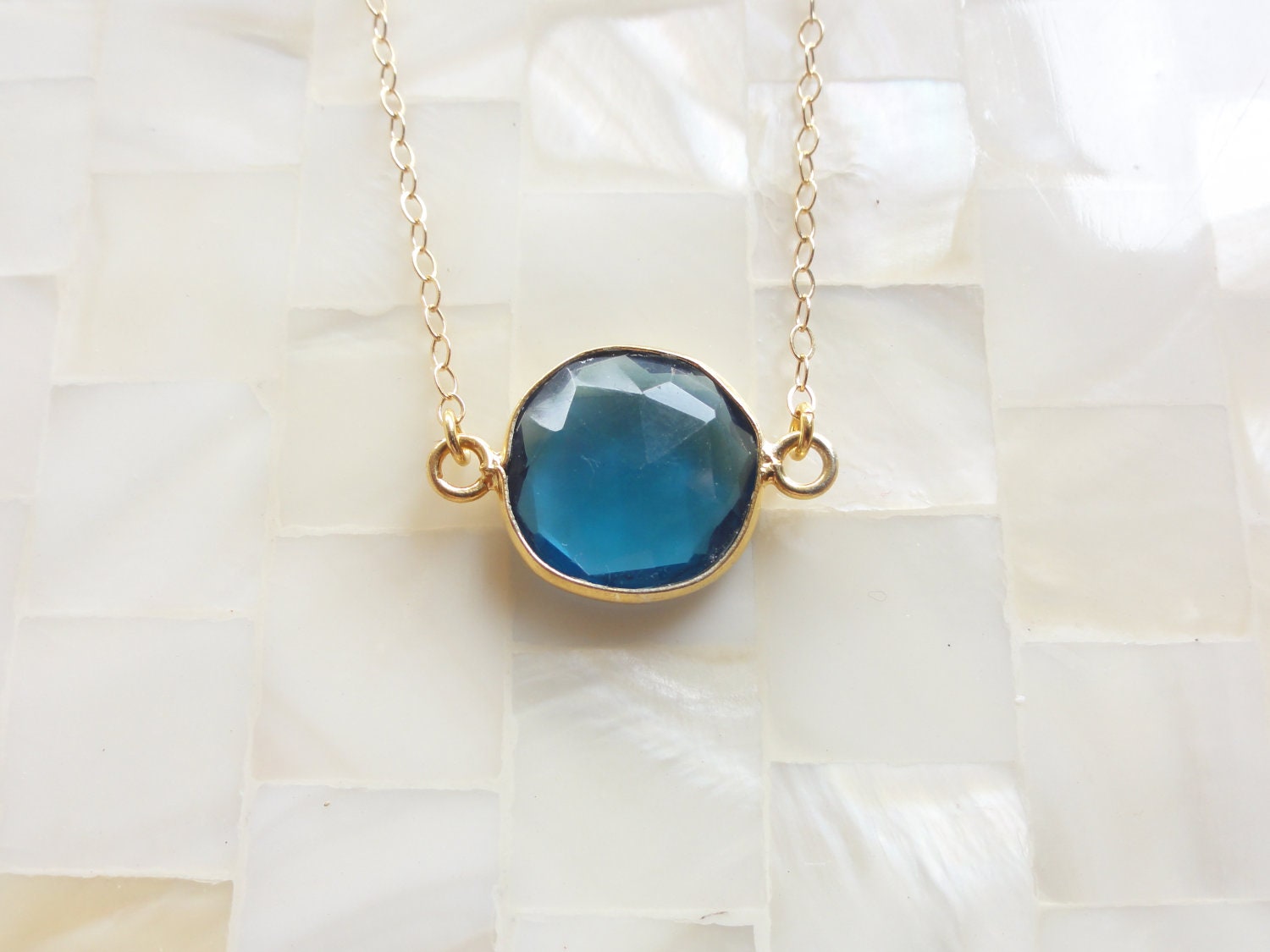 Faceted Peacock Blue Quartz Vermeil Bezel Connector Station Gold Chain Necklace