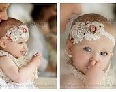 Ivory petti lace romper and FLORAL headband SET, petti romper,baby headband, flower headband,vintage inspired headband and lace petti romper