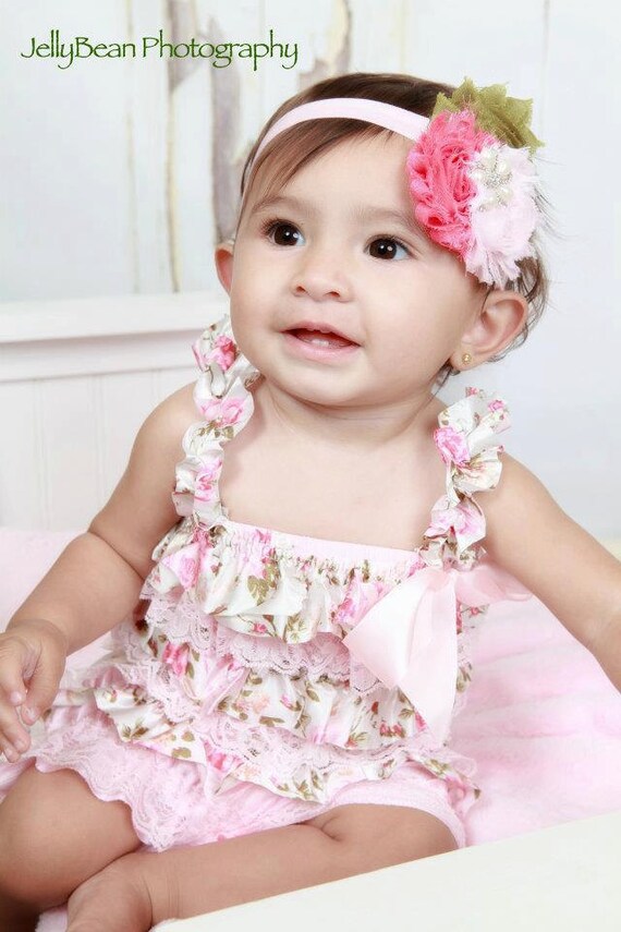 Shabby chic Lt pink floral satin and lace petti lace romper, lace petti romper, baby girl lace petti romper