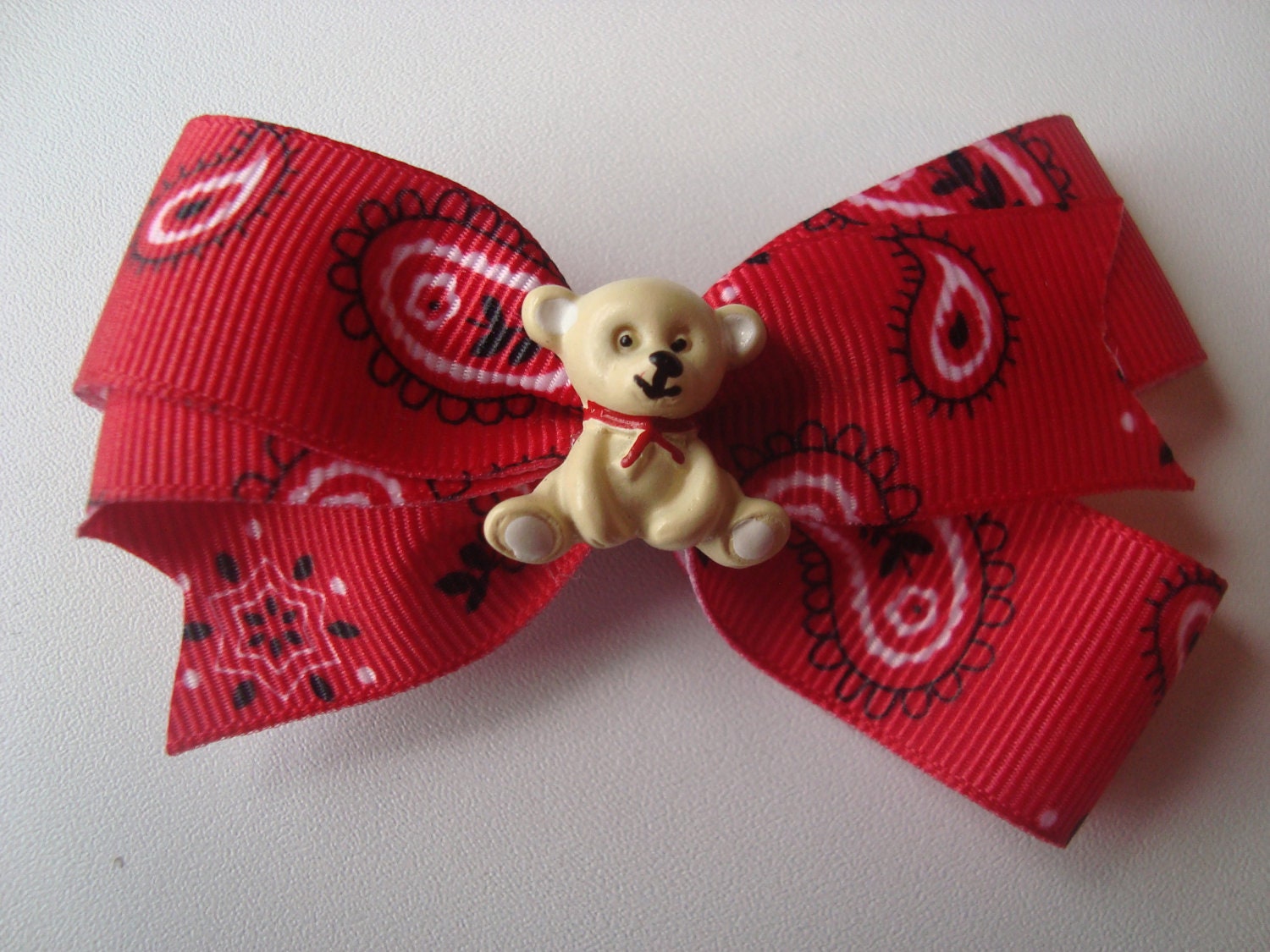 Red  Bandana Teddy Bear Girls Hair Bow, Hair Clip