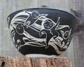 Teal Blue Black and White Bowl with Joyful Girl and Father and Son and Several Flying Friends