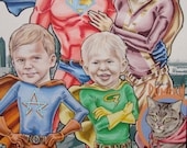 Super Hero Family of 5 or 4 plus PET Custom Portraits Comic Book Cover