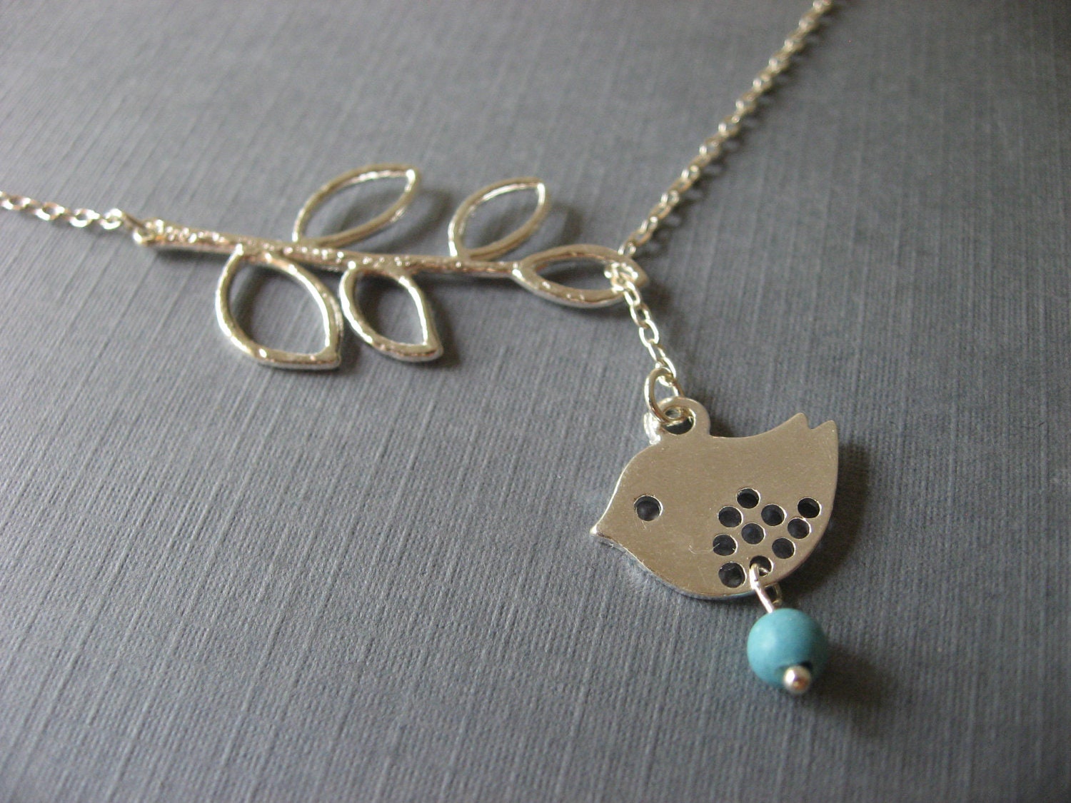 Silver Bird Necklace, Lariat Necklace, Silver Leaf Branch Necklace and Tourquoise Drop