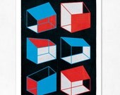Houses (red, blue, black) Large illustration print 11.70 x 16.50 (A3). (Special spring offer: Get a geometric poster for free)