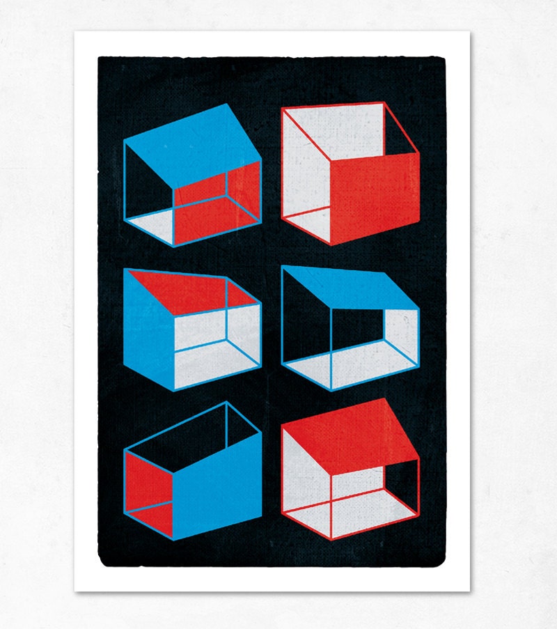 Houses (red, blue, black) Large illustration print 11.70 x 16.50 (A3). (Special spring offer: Get a geometric poster for free)