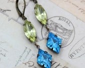 Aquamarine & Jonquil Earrings Vintage Blue Yellow - Bridesmaids Jewelry Wedding Earrings Long -  Clip ons available