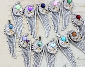 Custom Birthstone Wing Necklace Steampunk Mother or Father Steam Punk Jewelry 24" Upcycled - Silver Wing