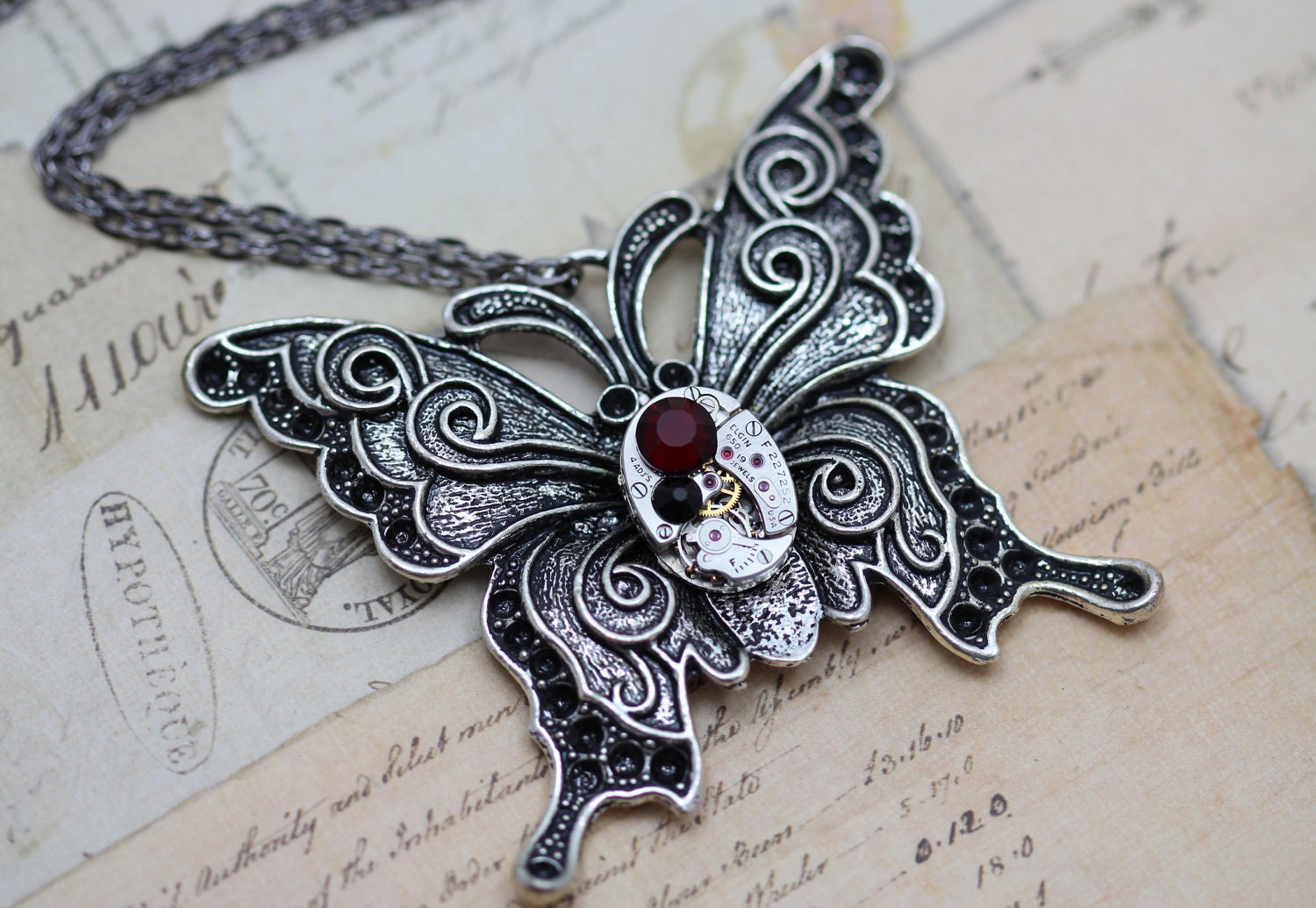Steampunk Necklace Butterfly Necklace Steam Punk Red Garnet Black  - 24" Chain - Gunmetal Vintage