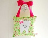 Girl's Tooth Fairy Pillow Tooth Fairy Gift in Green and Pink Floral Cotton