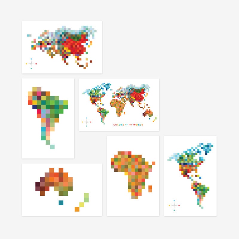 Pixel Map 'Colors of the World' Print Set of 6 // Modern World Map // Modern Art Decor // Map Art // 8 bit Pixels // Digital Print