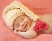 Crochet Baby Hat Beige Pixie Elf hat with Coral Pink Heart