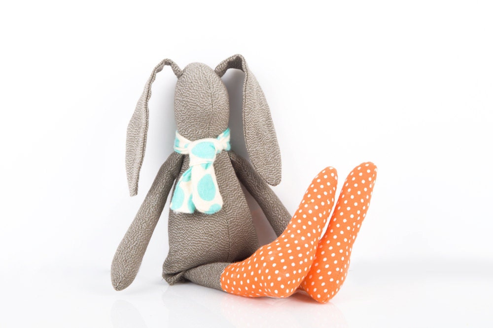 Easter bunny, plush small Olive Gray baby rabbit in turquoise polka dots scarf  and Orange dotted socks  -timo  eco handmade fabric doll