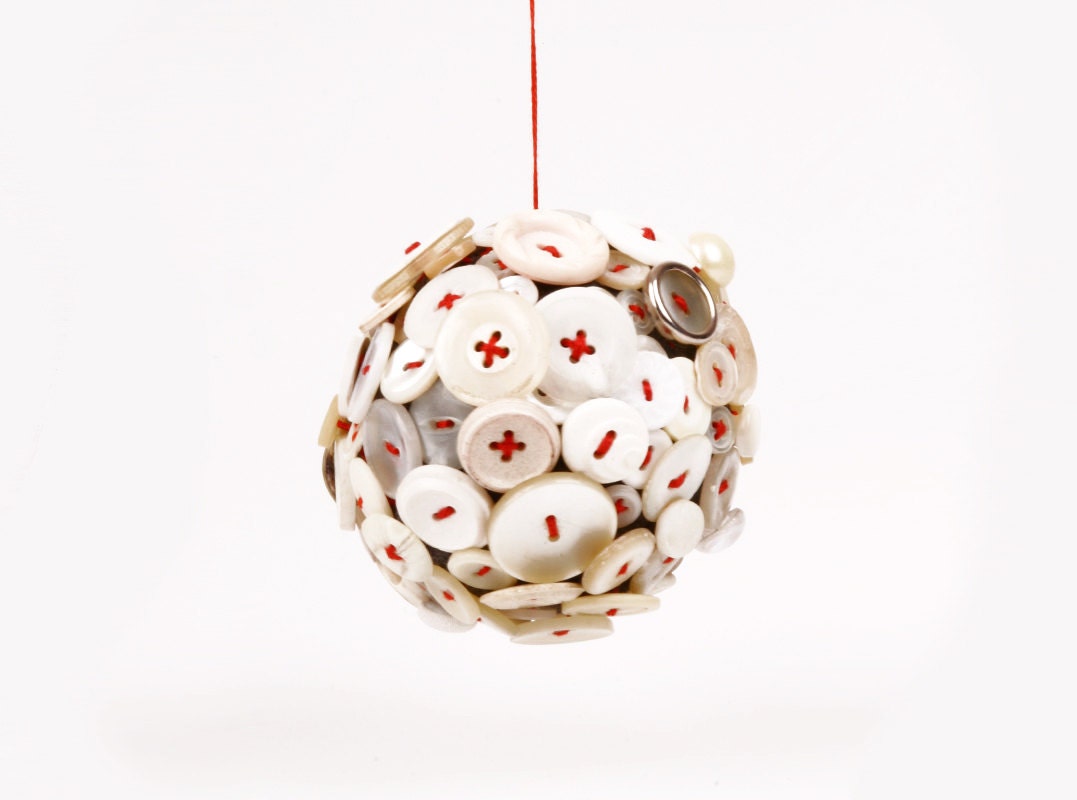 christmas ornament  - Handmade Singular Ball of  White Vintage Button Collection With Red embroidery thread stitching