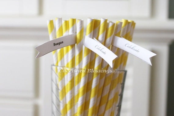 25 Yellow Paper Straws, Striped Paper Straws, Retro Vintage Straws, Carnival Circus Wedding Birthday Bridal Baby Shower W/ Printable Flags Il_570xn