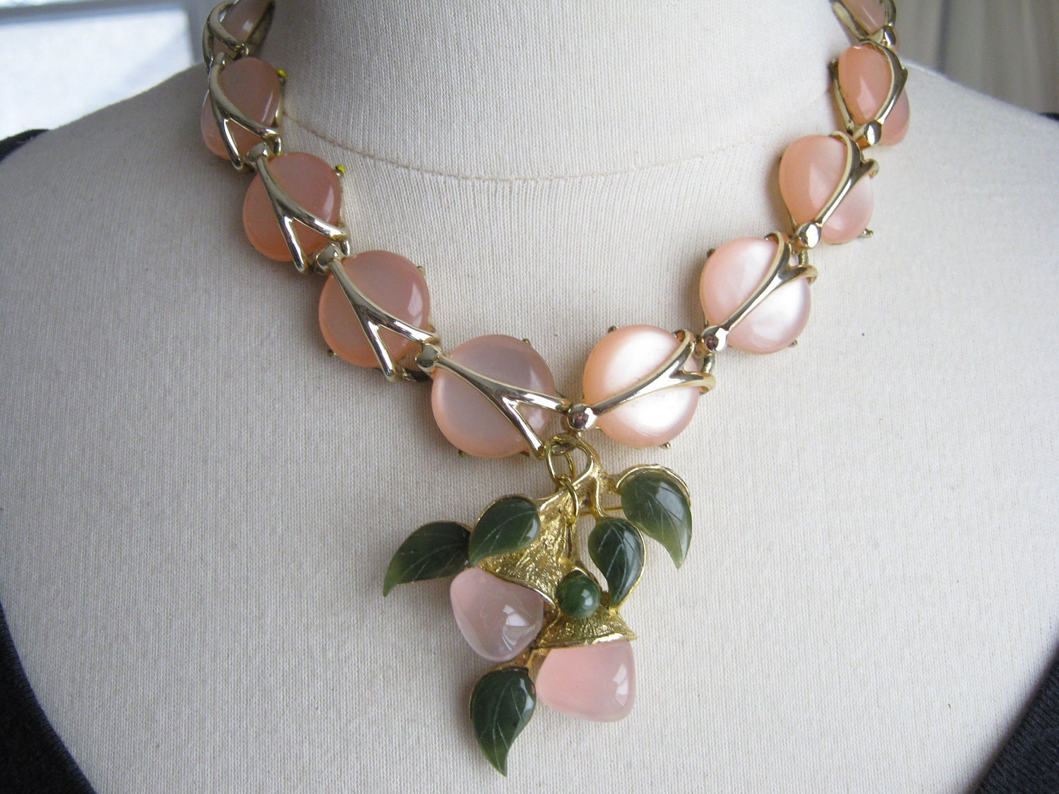 Statement Necklace, Vintage Flower Brooch, Reclaimed Vintage Jewelry, Wedding Necklace, Rose Quartz, Green Jade, Thermoset - Destiny