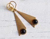 Geometric Triangle Earrings ... Black Jet Gold Vintage