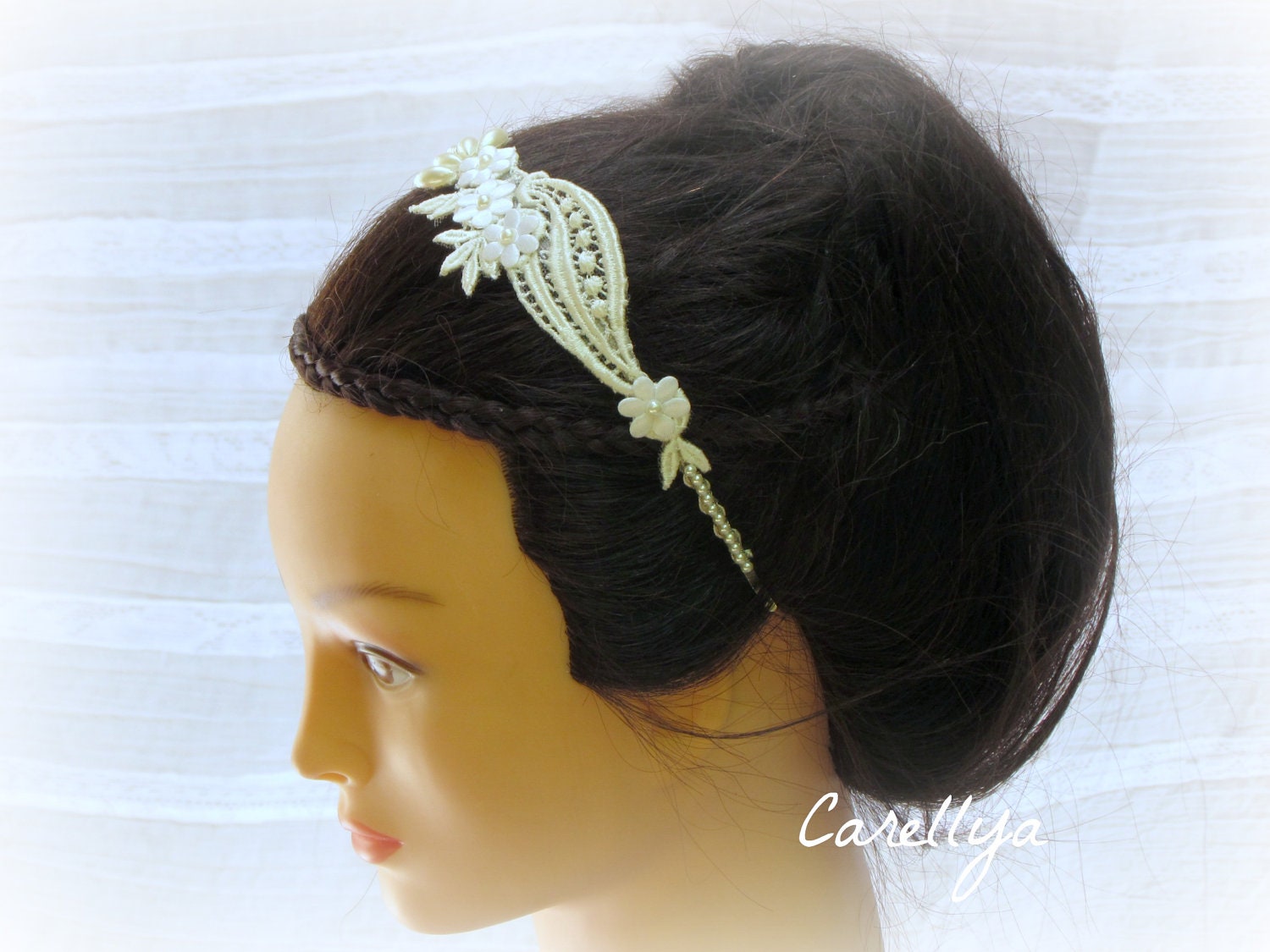 Bridal Lace Headband - Ivory Lace Headpiece With Pearls  -  Wedding Hair Accessories