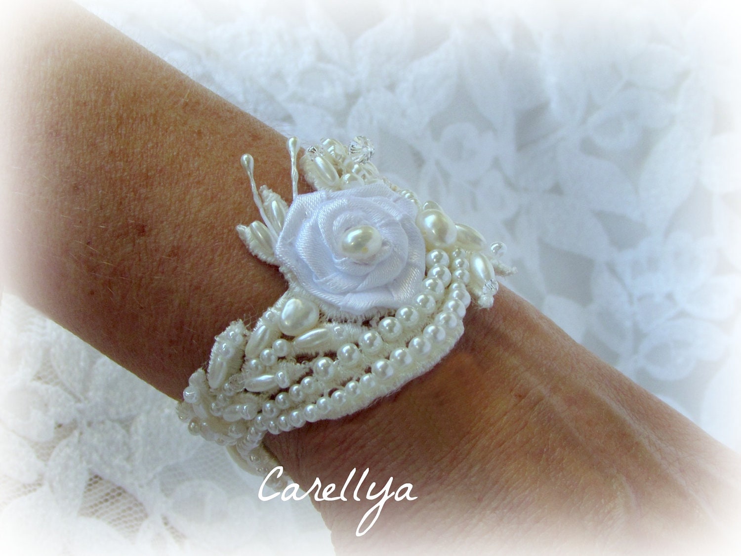 Bridal Beaded Lace Cuff  Vintage Style - Wedding Pearls Bracelet - Wedding Jewelry,  LAURA