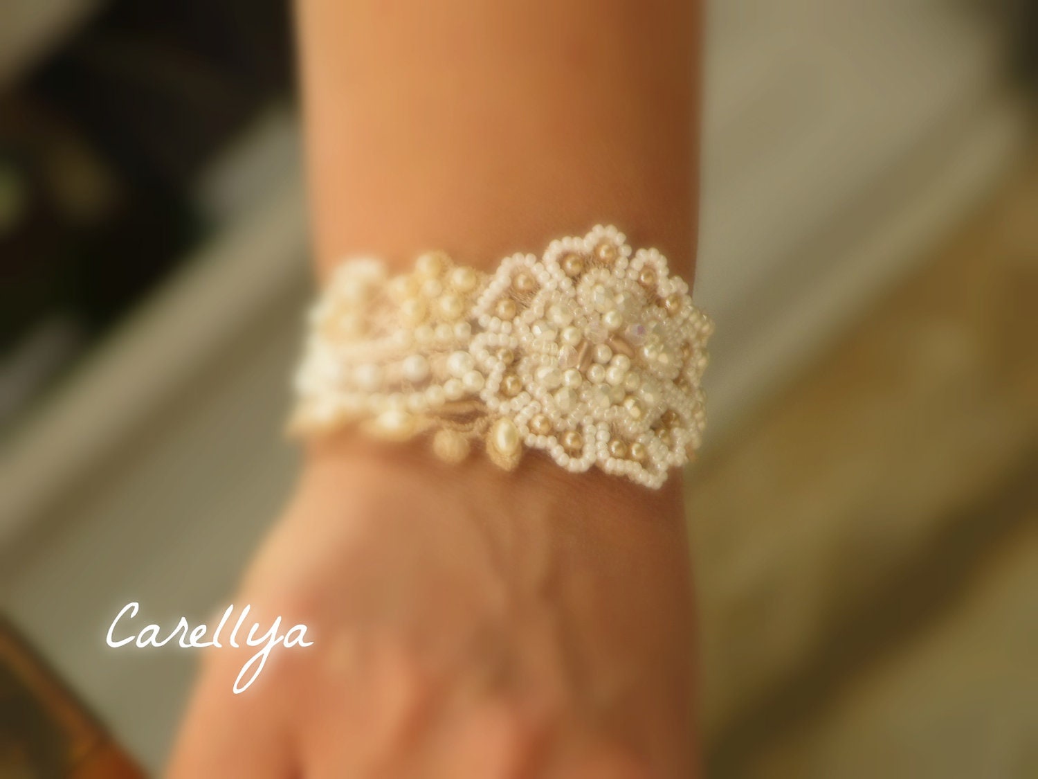 Beaded Cuff Vintage Lace Hand Embroidered Beadwork Pearls Bracelet, Wedding Cuff, SNIR