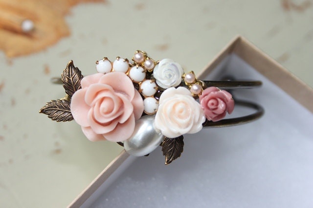 Blush Pink Rose Collage Bracelet, cuff bracelet, bridesmaids gift,pink roses, vintage pink, wrist corsage