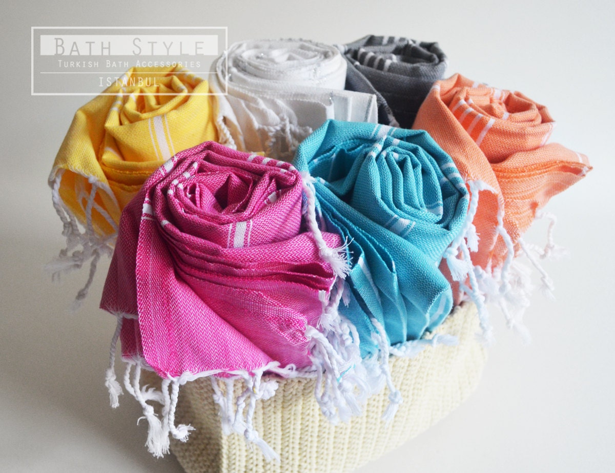 Free Shipment SET 6 Piece Turkish BATH Towel - Turkey Peshtemal - Classic Peshtemal - White - Dark gray - Pink - Yellow - Blue - Orange