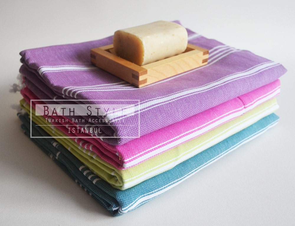 Free Shipment SET 4 Piece Turkish BATH Towel - Classic Peshtemal - Purple - Green - Oil Blue - Pink