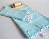 SET 2 Head and Hand Towel Peshkir - Ice Blue (white striped)
