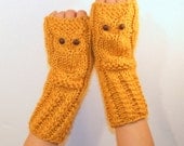 Owl fingerless mittens / gloves / wristwarmers made of wool alpaca acrylic blend in mustard