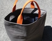 As seen in Seattle Magazine - Cement Grey gray Leather Triangle Tote Bag Satchel with Orange handles