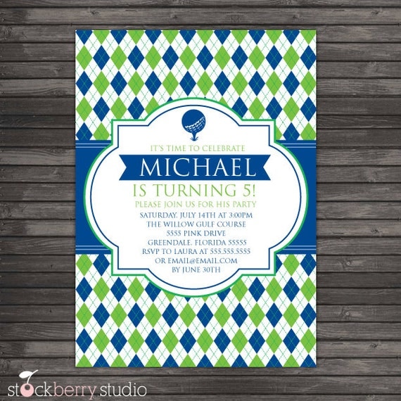 Preppy Blue Golf Argyle Printable Birthday Invitation party 5x7 invitation or Baby Shower Il_570xn