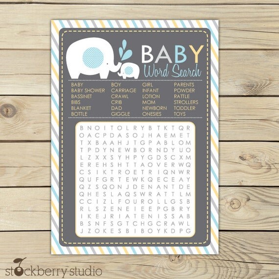 Elephant Baby Shower Blue Printable Word Search Game - Instant Download Il_570xn