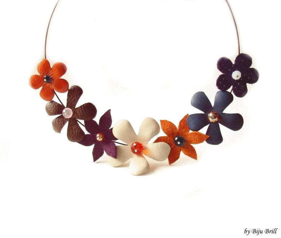 Leather Floral Bouquet Necklace Tangerine Brown Purple Cream Flowers, Leather Jewelry