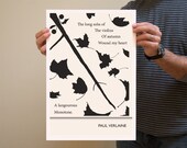 Illustration, Paul Verlaine Quote, Fine Art Print and Art Posters, Leaf Drawing, Violin Drawing, Autumn, Poetry, Poet Artd