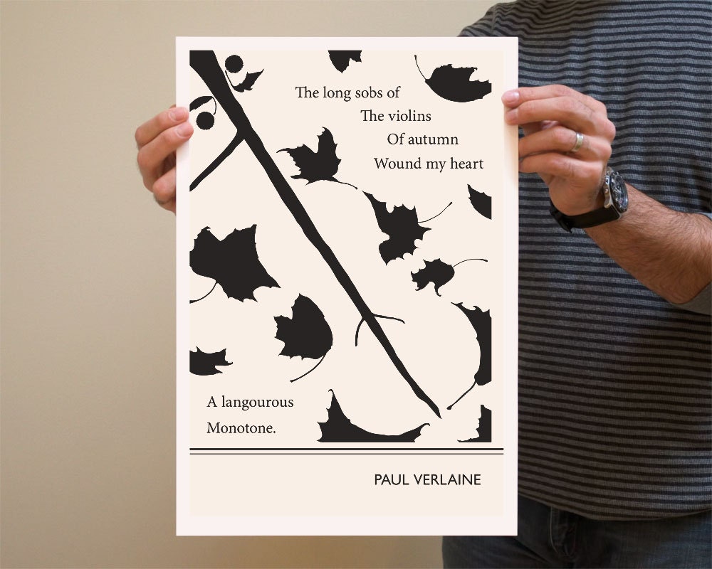 Illustration, Paul Verlaine Quote, Fine Art Print and Art Posters, Leaf Drawing, Violin Drawing, Autumn, Poetry, Poet Artd