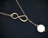 Infinity Pearl Lariat Necklace, Gold Coin Pearl Infinity Pendant, Wedding Jewelry, Bridesmaid Jewelry, Mothers Necklace