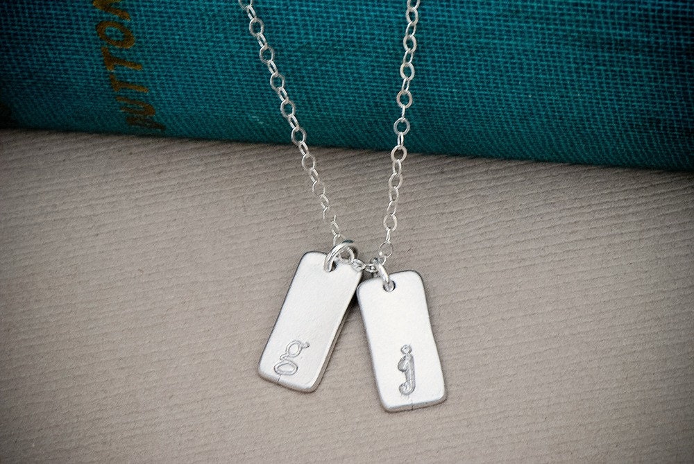 Custom Initial Necklace Silver, Personalized jewelry, Two Rectangle Tag Charms, Dainty Tiny charm Necklace, Family Necklace, Couples