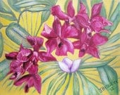 Original Oil Painting, 16"x20", Red Orchid Frenzy with White Flower, Green, Yellow, Magenta, Floral Garden Gift Idea