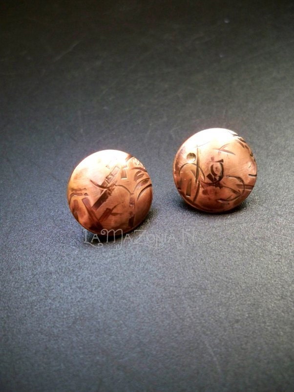 Copper textured circle post earrings - sterling silver ear posts - Metal jewelry by Lamazonian