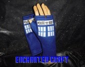 NEW design- Blue Fleece Dr Who fingerless gloves TArdiS Style police box with thumbs