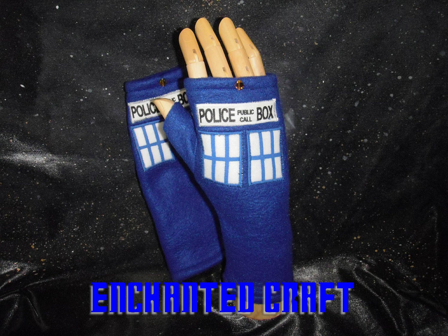 NEW design- Blue Fleece Dr Who fingerless gloves TArdiS Style police box with thumbs