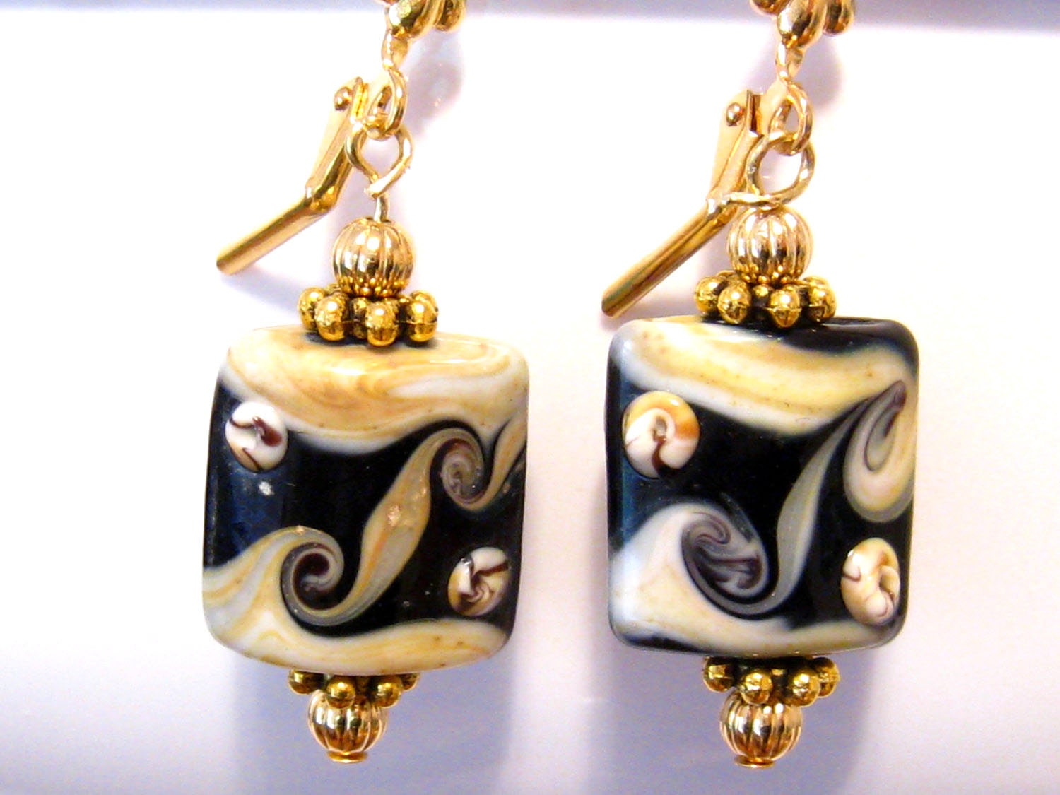 Black Lampwork Earrings, Gold and Black Earrings, Nautical Jewelry, Bumpy Nautical Lampwork Glass Earrings, Ocean Wave Earrings