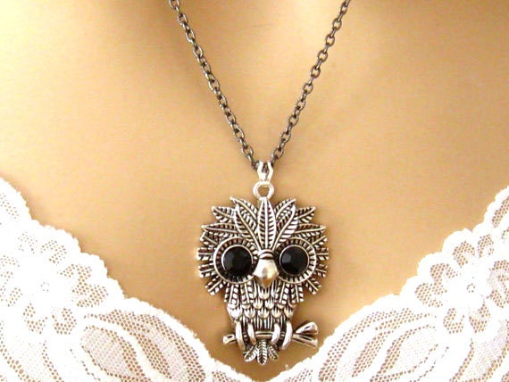 Large Owl Necklace, Large Silver Owl Pendant with Big Black Eyes, Long Owl Cleavage Necklace, Gun Metal Chain