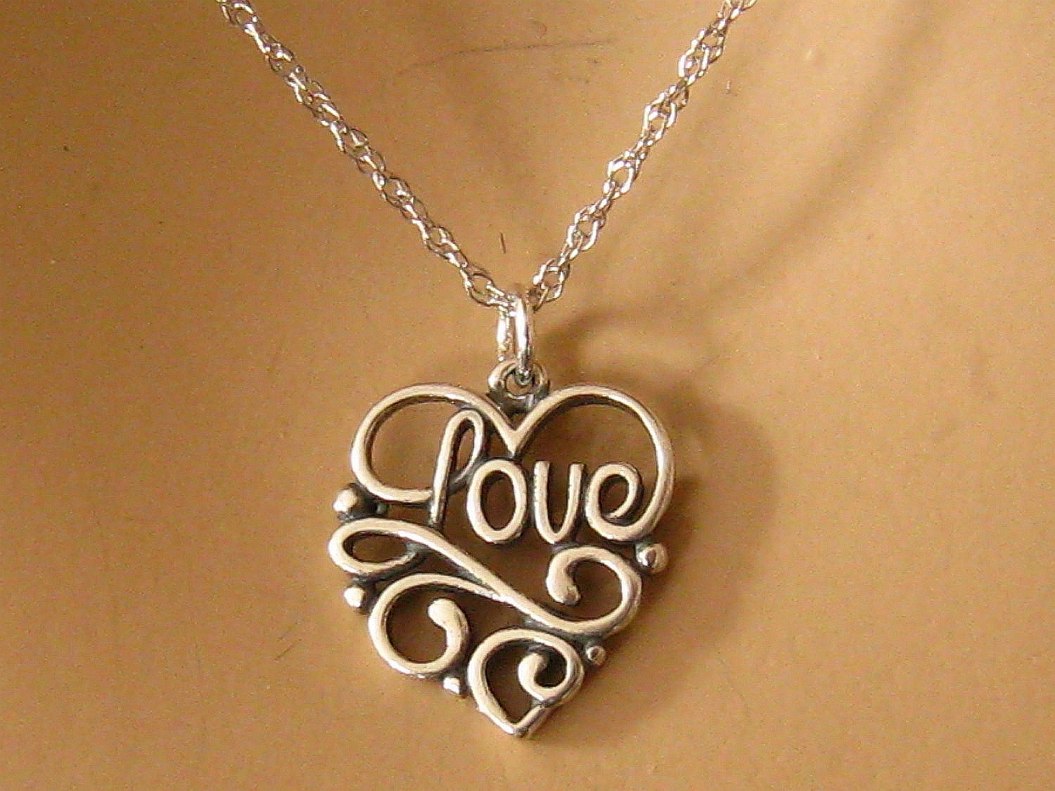 Heart Love Necklace, Romantic Sterling Silver Love Necklace, Love Heart Charm Necklace, Cursive Love, Bridal Shower Engagement Necklace