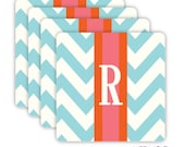 coasters - PREPPY CHEVRON pattern with monogram - set of 4