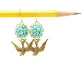 Teal floral bird earrings FREE SHIPPING