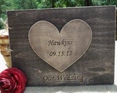 Rustic Wedding Guest Book - Stained Wood Guest Sign-In Book with Large Personalized Heart Stained and Distressed