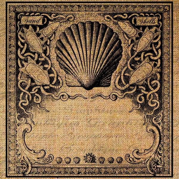 Shell FRAME Digital Collage Sheet Download Tiny SAND n SHELLS Text Burlap Fabric Transfer Iron On Pillows Totes Tea Towels No. 4273