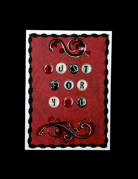 Red, Black Swirls Blank Greeting Card - Just For You, Rose, Flowers, Floral, Goth, Love, White, Gray, Grey, Valentines Day, All Occasion